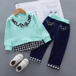 Girls' 3D Plaid Letter Clothing Set Long Sleeve Fall Basic Toddler 1-3 Years School Outdoor Indoor Regular Fit