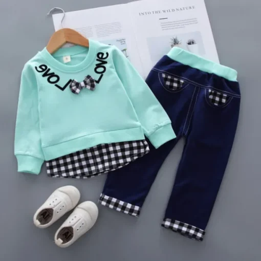 Girls' 3D Plaid Letter Clothing Set Long Sleeve Fall Basic Toddler 1-3 Years School Outdoor Indoor Regular Fit