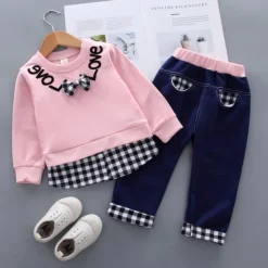 Girls' 3D Plaid Letter Clothing Set Long Sleeve Fall Basic Toddler 1-3 Years School Outdoor Indoor Regular Fit