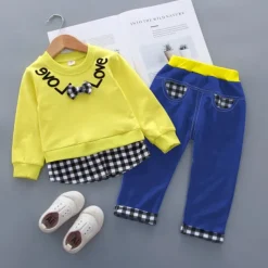 Girls' 3D Plaid Letter Clothing Set Long Sleeve Fall Basic Toddler 1-3 Years School Outdoor Indoor Regular Fit