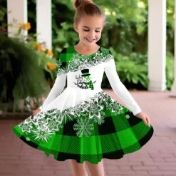 Girls' 3D Plaid Snowman Snowflake Dress Snowflake Dress Long Sleeve 3D Print Fall Winter Vacation Sports & Outdoor Daily Cute Casual Beautiful Kids 3-12 Years Casual Dress A Line Dress Above Knee