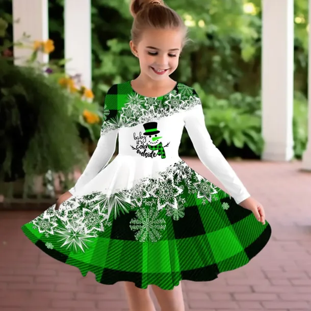 Girls' 3D Plaid Snowman Snowflake Dress Snowflake Dress Long Sleeve 3D Print Fall Winter Vacation Sports & Outdoor Daily Cute Casual Beautiful Kids 3-12 Years Casual Dress A Line Dress Above Knee