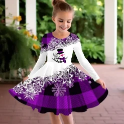 Girls' 3D Plaid Snowman Snowflake Dress Snowflake Dress Long Sleeve 3D Print Fall Winter Vacation Sports & Outdoor Daily Cute Casual Beautiful Kids 3-12 Years Casual Dress A Line Dress Above Knee