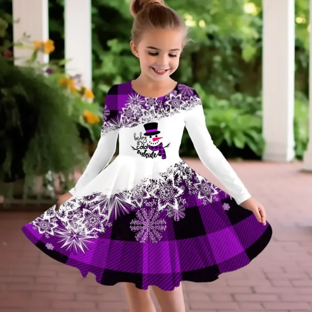 Girls' 3D Plaid Snowman Snowflake Dress Snowflake Dress Long Sleeve 3D Print Fall Winter Vacation Sports & Outdoor Daily Cute Casual Beautiful Kids 3-12 Years Casual Dress A Line Dress Above Knee