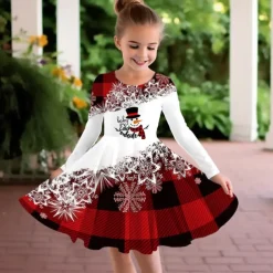 Girls' 3D Plaid Snowman Snowflake Dress Snowflake Dress Long Sleeve 3D Print Fall Winter Vacation Sports & Outdoor Daily Cute Casual Beautiful Kids 3-12 Years Casual Dress A Line Dress Above Knee