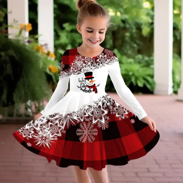 Girls' 3D Plaid Snowman Snowflake Dress Snowflake Dress Long Sleeve 3D Print Fall Winter Vacation Sports & Outdoor Daily Cute Casual Beautiful Kids 3-12 Years Casual Dress A Line Dress Above Knee