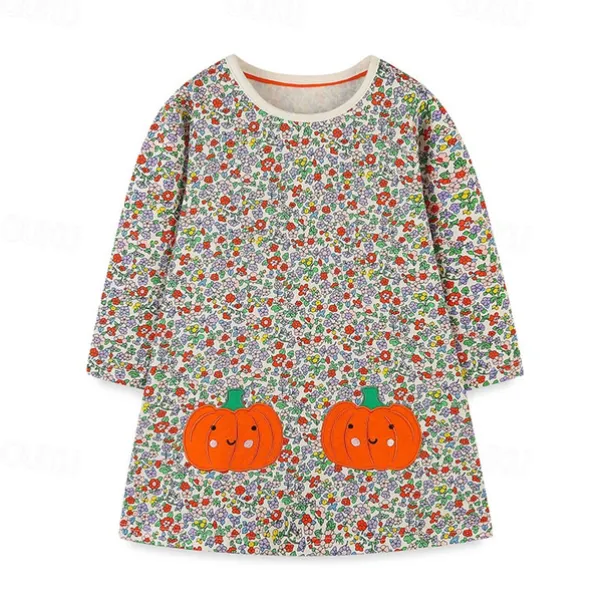 Girls' 3D Pumpkin Flower Dress Long Sleeve Spring Fall Daily Holiday Vacation Princess Beautiful Sweet Little Kids(4-7ys) 4-7 Years Casual Dress Knee-length 100% Cotton Regular Fit