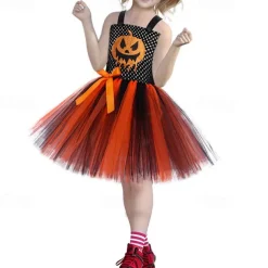 Girls' 3D Pumpkin Party Dress Sleeveless Summer Performance Party Birthday Basic Halloween Custome Little Kids(4-7ys) 4-7 Years Party Dress Swing Dress Tulle Dress Midi Polyester Regular Fit