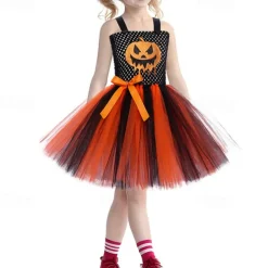 Girls' 3D Pumpkin Party Dress Sleeveless Summer Performance Party Birthday Basic Halloween Custome Little Kids(4-7ys) 4-7 Years Party Dress Swing Dress Tulle Dress Midi Polyester Regular Fit