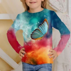 Girls' 3D Rainbow Butterfly T shirt Long Sleeve 3D Print Fall Active Kids 4-12 Years Regular Fit