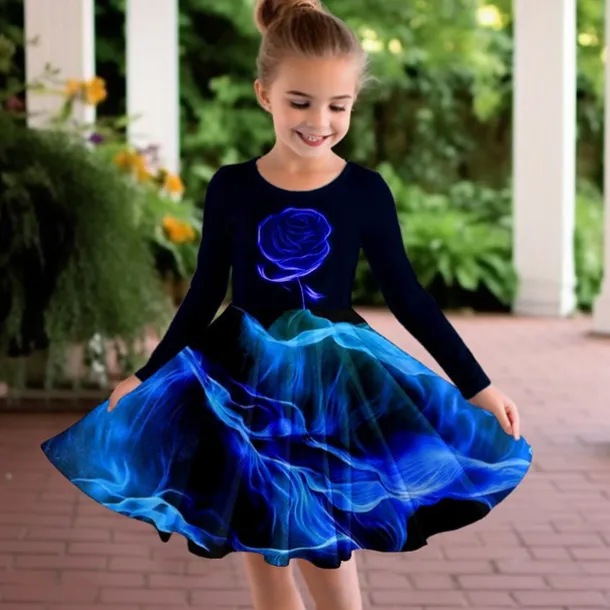 Girls' 3D Rose Dress Long Sleeve 3D Print Fall Winter Vacation Sports & Outdoor Daily Cute Casual Beautiful Kids 3-12 Years Casual Dress A Line Dress Above Knee Regular Fit