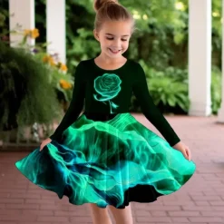 Girls' 3D Rose Dress Long Sleeve 3D Print Fall Winter Vacation Sports & Outdoor Daily Cute Casual Beautiful Kids 3-12 Years Casual Dress A Line Dress Above Knee Regular Fit