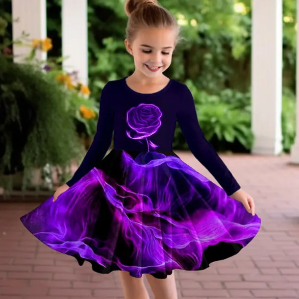 Girls' 3D Rose Dress Long Sleeve 3D Print Fall Winter Vacation Sports & Outdoor Daily Cute Casual Beautiful Kids 3-12 Years Casual Dress A Line Dress Above Knee Regular Fit
