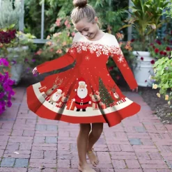 Girls' 3D Santa Claus Elk Christmas Dress Dress Snowflake Dress Long Sleeve 3D Print Fall Winter Vacation Sports & Outdoor Daily Cute Casual Beautiful Kids 3-12 Years Casual Dress A Line Dress Above