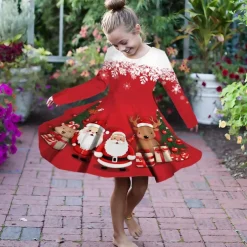 Girls' 3D Santa Claus Elk Christmas Dress Dress Snowflake Dress Long Sleeve 3D Print Fall Winter Vacation Sports & Outdoor Daily Cute Casual Beautiful Kids 3-12 Years Casual Dress A Line Dress Above