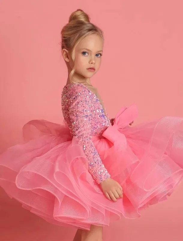Girls' 3D Sequin Dress Long Sleeve Summer Spring Fall Wedding Party Birthday Elegant Princess Kids 3-12 Years Satin Organza dress to impress