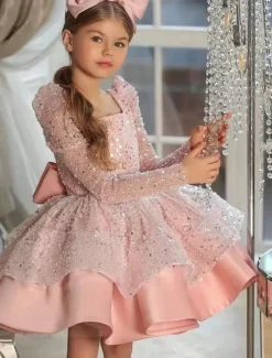Girls' 3D Sequin Dress Long Sleeve Summer Spring Fall Wedding Party Birthday Elegant Princess Kids 3-12 Years Satin Organza dress to impress