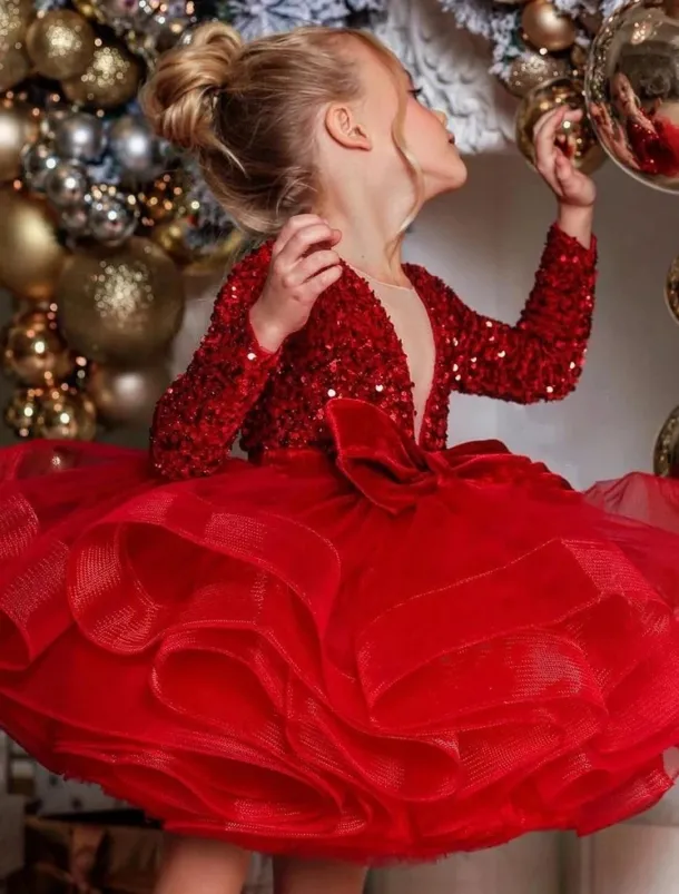 Girls' 3D Sequin Dress Long Sleeve Summer Spring Fall Wedding Party Birthday Elegant Princess Kids 3-12 Years Satin Organza dress to impress