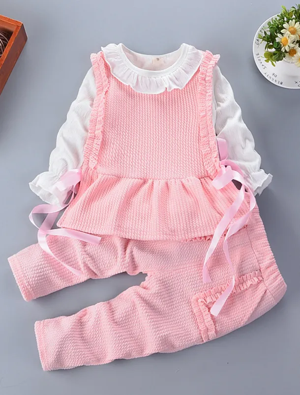 Girls' 3D Solid Color Clothing Set Long Sleeve Fall Winter Active Cute Basic Kids 1-5 Years Vacation Street Birthday Regular Fit