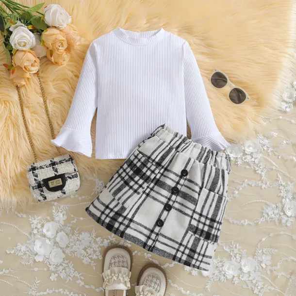 Girls' 3D Solid Color Plaid T-shirt & Skirt Long Sleeve Summer Cute Casual Toddler 4 years+ Crew Neck Outdoor Vacation Loose Fit