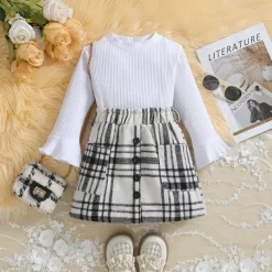 Girls' 3D Solid Color Plaid T-shirt & Skirt Long Sleeve Summer Cute Casual Toddler 4 years+ Crew Neck Outdoor Vacation Loose Fit