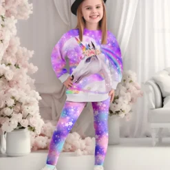 Girls' 3D Unicorn Sweatshirt & Legging Set Set Pink Long Sleeve 3D Print Fall Winter Active Fashion Daily Kids 3-12 Years Crew Neck Outdoor Vacation Date Regular Fit