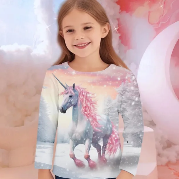 Girls' 3D Unicorn Tee Shirts Long Sleeve 3D Print Fall Winter Active Fashion Cute Kids 3-12 Years Crew Neck Outdoor Casual Daily Regular Fit