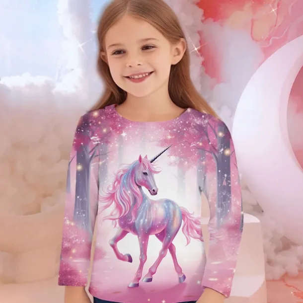 Girls' 3D Unicorn Tee Shirts Long Sleeve 3D Print Fall Winter Active Fashion Cute Kids 3-12 Years Crew Neck Outdoor Casual Daily Regular Fit