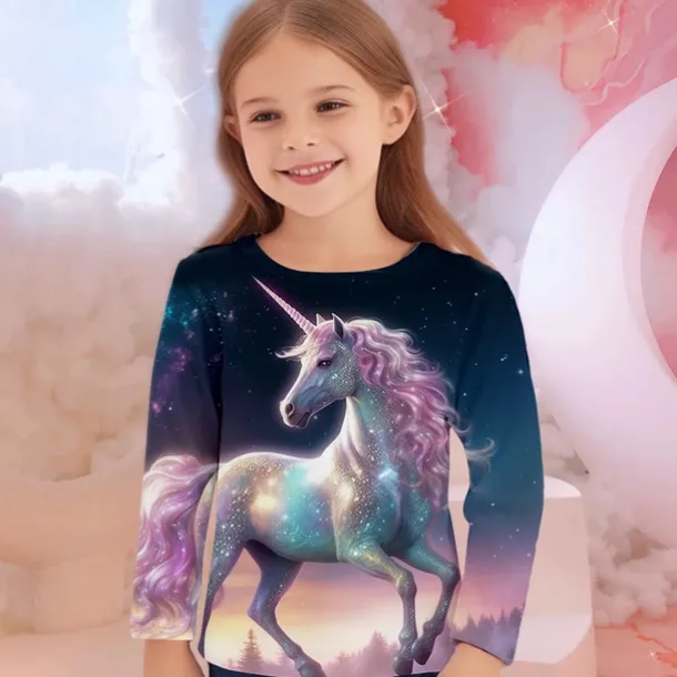 Girls' 3D Unicorn Tee Shirts Long Sleeve 3D Print Fall Winter Active Fashion Cute Kids 3-12 Years Crew Neck Outdoor Casual Daily Regular Fit