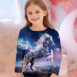 Girls' 3D Unicorn Tee Shirts Long Sleeve 3D Print Fall Winter Active Fashion Cute Kids 3-12 Years Crew Neck Outdoor Casual Daily Regular Fit
