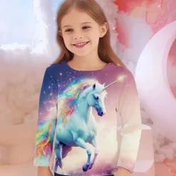 Girls' 3D Unicorn Tee Shirts Long Sleeve 3D Print Fall Winter Active Fashion Cute Kids 3-12 Years Crew Neck Outdoor Casual Daily Regular Fit