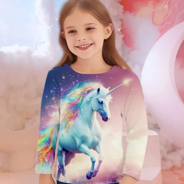 Girls' 3D Unicorn Tee Shirts Long Sleeve 3D Print Fall Winter Active Fashion Cute Kids 3-12 Years Crew Neck Outdoor Casual Daily Regular Fit
