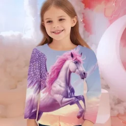 Girls' 3D Unicorn Tee Shirts Long Sleeve 3D Print Fall Winter Active Fashion Cute Kids 3-12 Years Crew Neck Outdoor Casual Daily Regular Fit