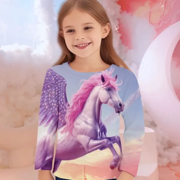 Girls' 3D Unicorn Tee Shirts Long Sleeve 3D Print Fall Winter Active Fashion Cute Kids 3-12 Years Crew Neck Outdoor Casual Daily Regular Fit