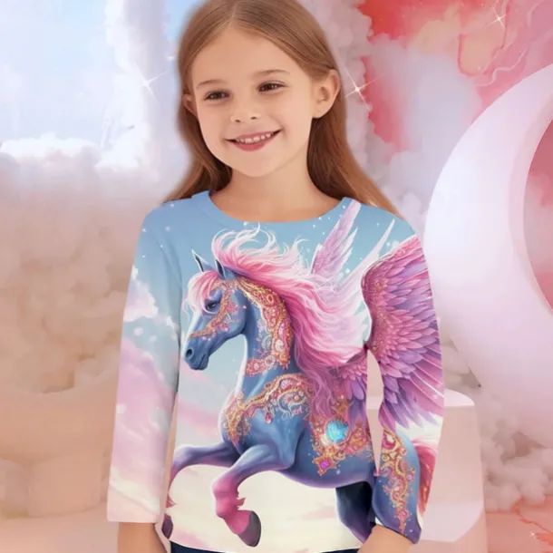 Girls' 3D Unicorn Tee Shirts Long Sleeve 3D Print Fall Winter Active Fashion Cute Kids 3-12 Years Crew Neck Outdoor Casual Daily Regular Fit