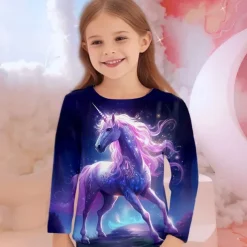 Girls' 3D Unicorn Tee Shirts Long Sleeve 3D Print Fall Winter Active Fashion Cute Kids 3-12 Years Crew Neck Outdoor Casual Daily Regular Fit