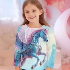 Girls' 3D Unicorn Tee Shirts Long Sleeve 3D Print Fall Winter Active Fashion Cute Kids 3-12 Years Crew Neck Outdoor Casual Daily Regular Fit