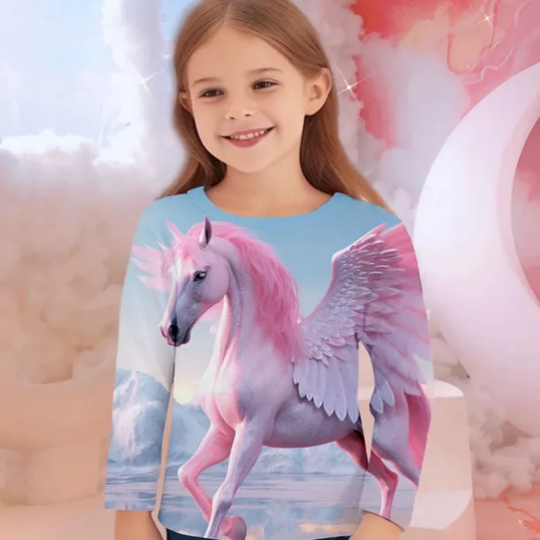 Girls' 3D Unicorn Tee Shirts Long Sleeve 3D Print Fall Winter Active Fashion Cute Kids 3-12 Years Crew Neck Outdoor Casual Daily Regular Fit