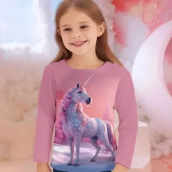 Girls' 3D Unicorn Tee Shirts Long Sleeve 3D Print Fall Winter Active Fashion Cute Kids 3-12 Years Crew Neck Outdoor Casual Daily Regular Fit