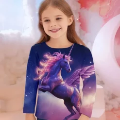 Girls' 3D Unicorn Tee Shirts Long Sleeve 3D Print Fall Winter Active Fashion Cute Kids 3-12 Years Crew Neck Outdoor Casual Daily Regular Fit