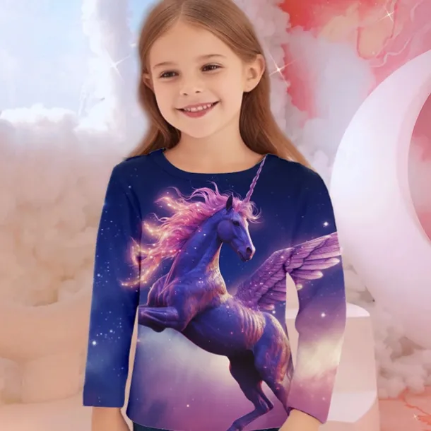 Girls' 3D Unicorn Tee Shirts Long Sleeve 3D Print Fall Winter Active Fashion Cute Kids 3-12 Years Crew Neck Outdoor Casual Daily Regular Fit