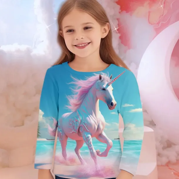 Girls' 3D Unicorn Tee Shirts Long Sleeve 3D Print Fall Winter Active Fashion Cute Kids 3-12 Years Crew Neck Outdoor Casual Daily Regular Fit
