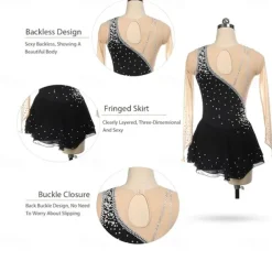Girls Figure Skating Dress Long Sleeves One Shoulder Round Neck Rhinestone Ballet Dance Competition Costume