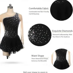 Girls Figure Skating Dress Long Sleeves One Shoulder Round Neck Rhinestone Ballet Dance Competition Costume