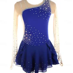 Girls Figure Skating Dress Long Sleeves One Shoulder Round Neck Rhinestone Ballet Dance Competition Costume