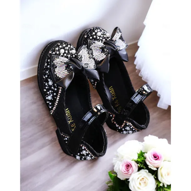 Girls' Glitter Bow Mary Jane Shoes – Sparkly Rhinestone Flower Girl Flats for Parties & Weddings
