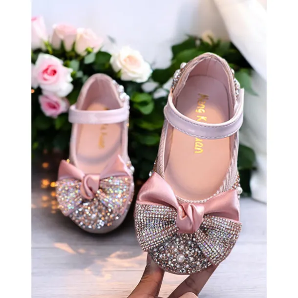 Girls' Glitter Bow Mary Jane Shoes – Sparkly Rhinestone Flower Girl Flats for Parties & Weddings