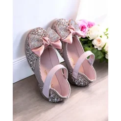 Girls' Glitter Bow Mary Jane Shoes – Sparkly Rhinestone Flower Girl Flats for Parties & Weddings