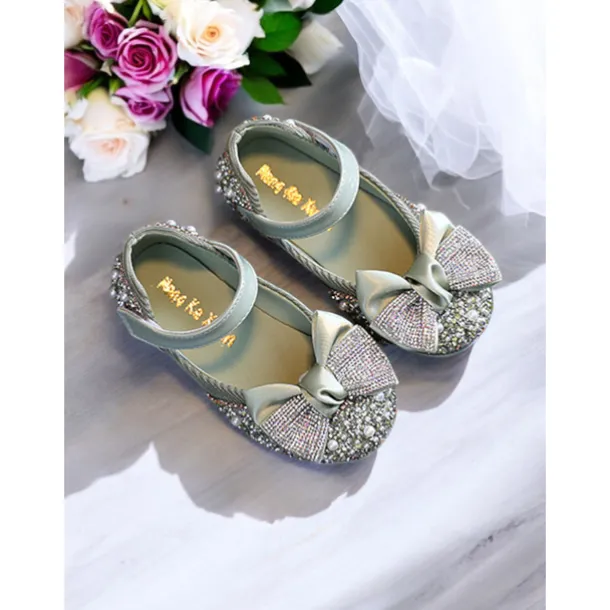 Girls' Glitter Bow Mary Jane Shoes – Sparkly Rhinestone Flower Girl Flats for Parties & Weddings