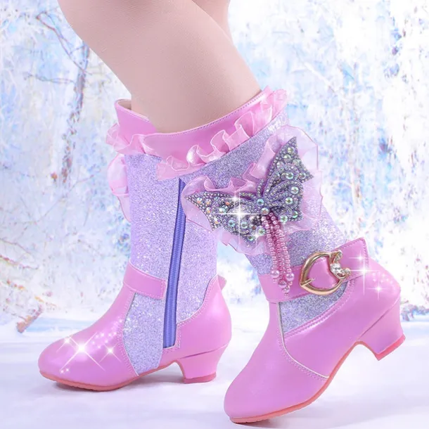 Girls' Glitter Winter Boots with Faux Fur Lining - Blue Mid-Calf Design Featuring Butterfly Rhinestone Decor and Side Zipper Closure